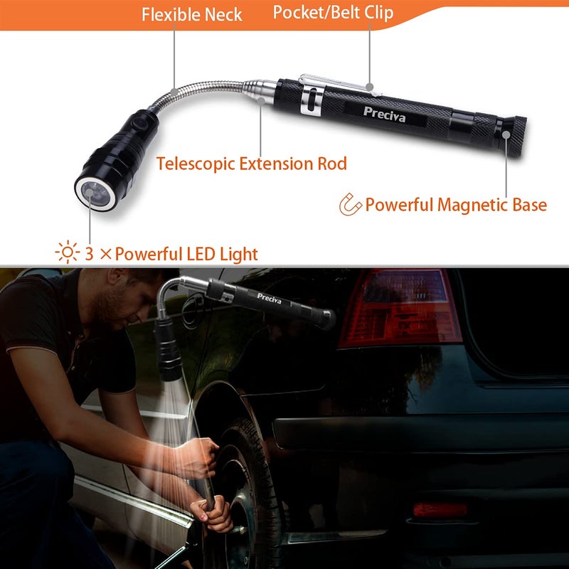 Preciva 5PCS Magnetic Telescoping Pick-up Tool Kit-Valentines Day Gifts for Men, with 15lb &1lb Pick Up Rod, Round□ 360 Swivel Adjustable Inspection Mirror&Telescoping Flexible LED Flashlight - Image 2